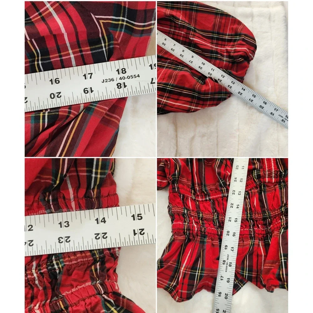 Old Navy Top Red Plaid Tartan Smocked Puff Sleeve Peplum  Preppy Academia Size M